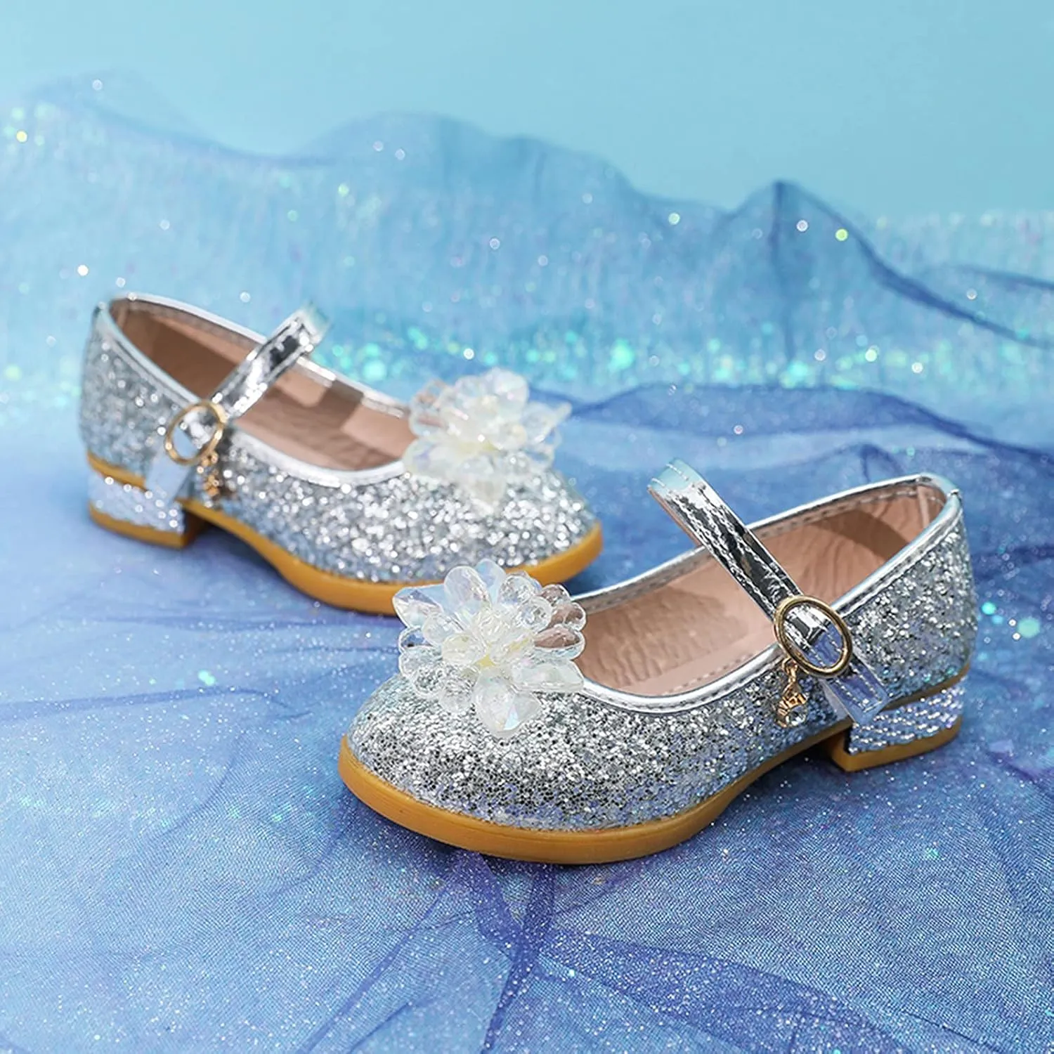 Toddler Girls Dress Flat Glitter Princess Shoe Rhinstone Bowknot Mary Jane Low Heels Wedding Prom Shoes for Kids