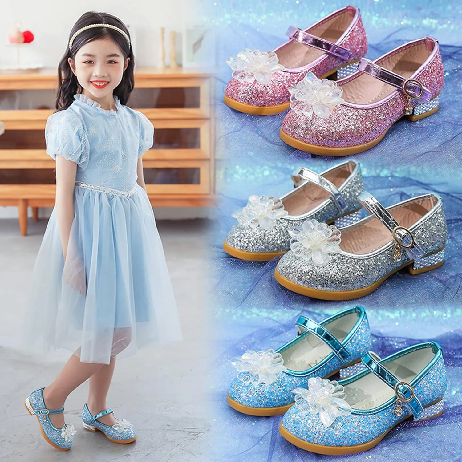 Toddler Girls Dress Flat Glitter Princess Shoe Rhinstone Bowknot Mary Jane Low Heels Wedding Prom Shoes for Kids