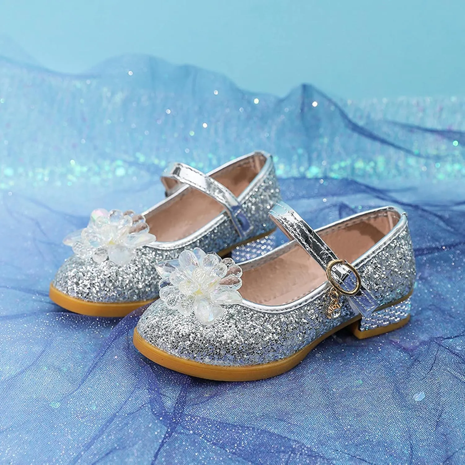 Toddler Girls Dress Flat Glitter Princess Shoe Rhinstone Bowknot Mary Jane Low Heels Wedding Prom Shoes for Kids