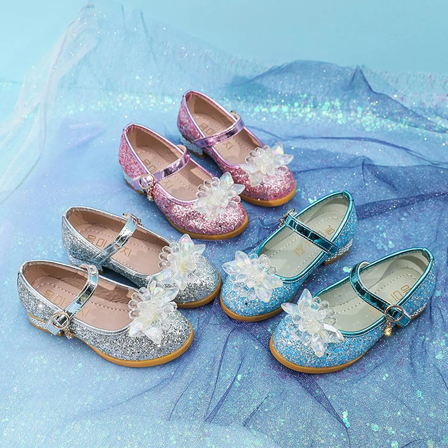 Toddler Girls Dress Flat Glitter Princess Shoe Rhinstone Bowknot Mary Jane Low Heels Wedding Prom Shoes for Kids