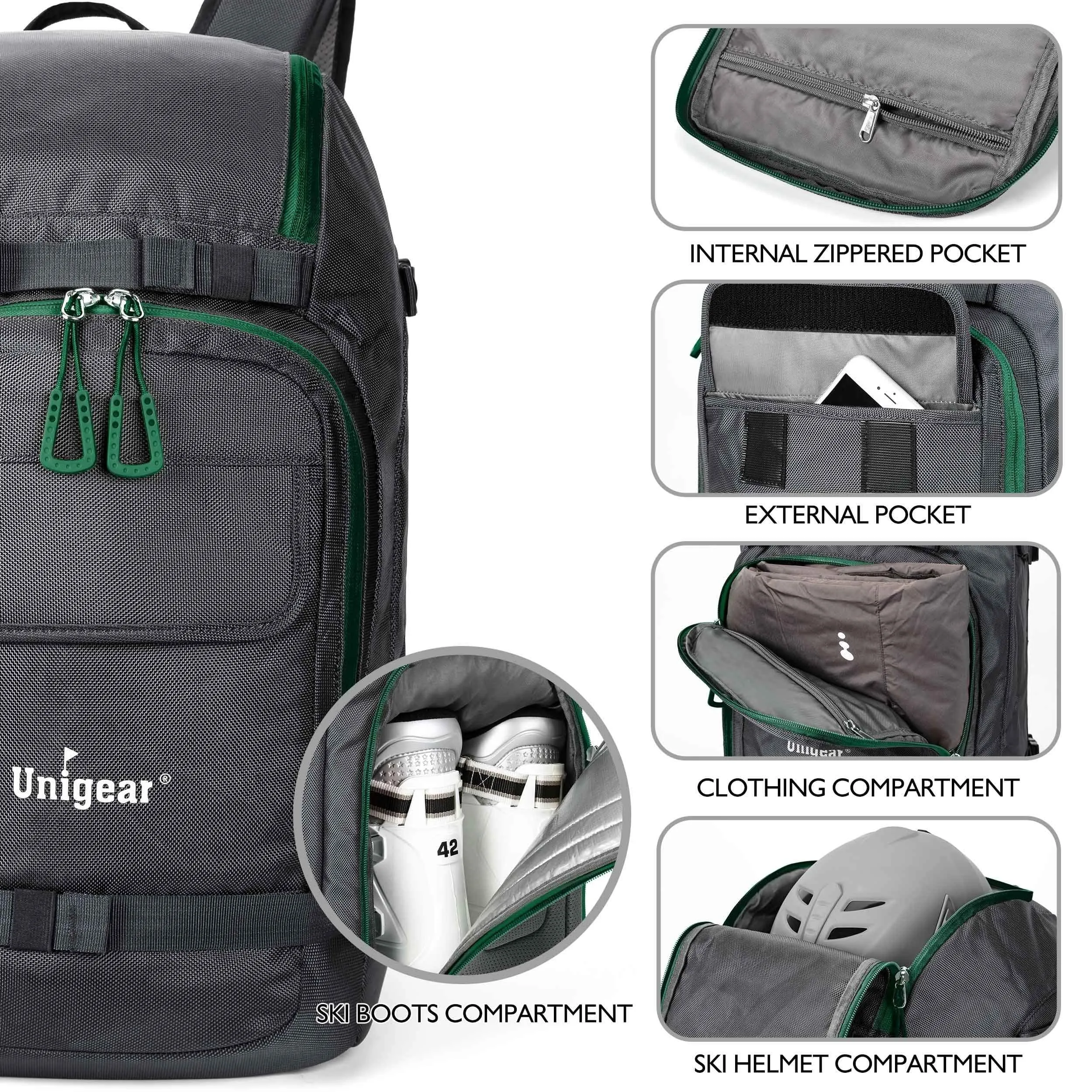 Unigear Ski Boot Bag, 55L Ski Boot Travel Backpack for Ski Helmet, Goggles, Gloves, Skis, Snowboard & Accessories (Gray)