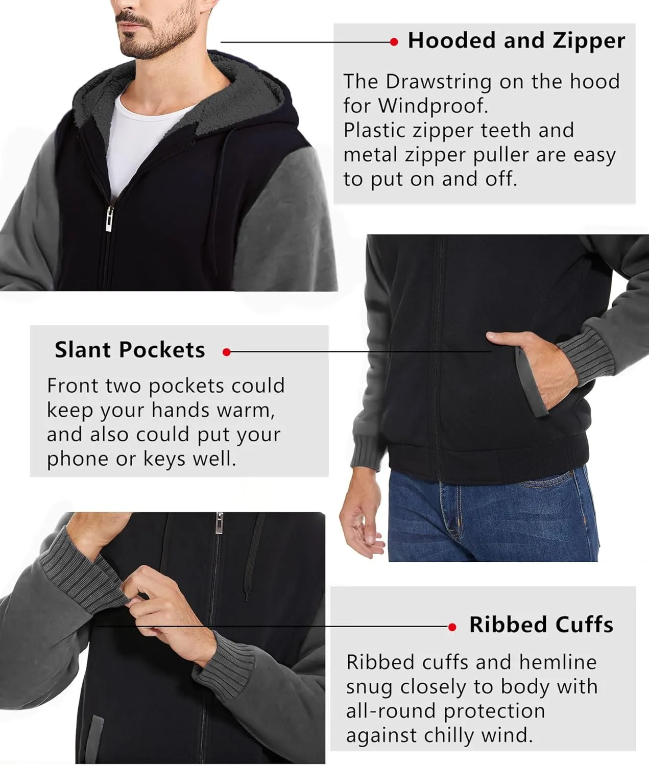 V VALANCH Men Hoodie Zip Up Winter Sherpa Lined Sweatshirt Heavyweight Thick Warm Fleece Jacket