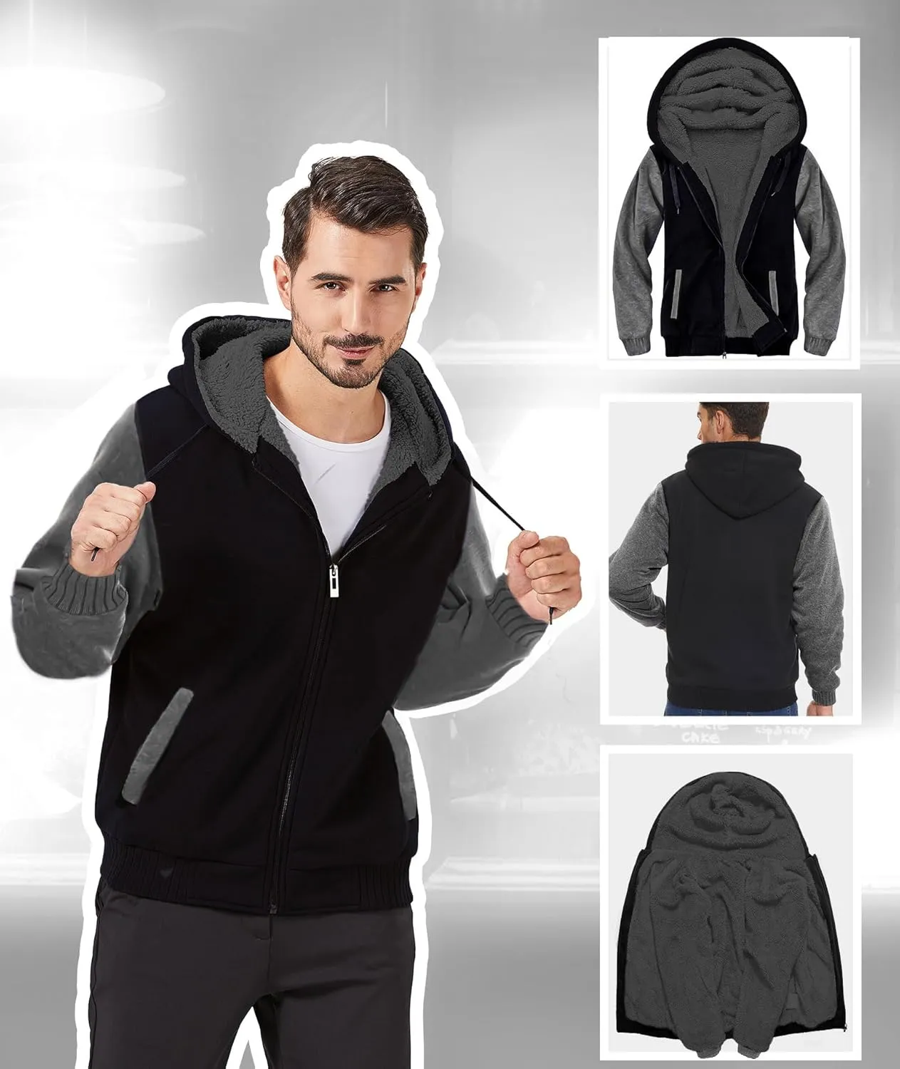 V VALANCH Men Hoodie Zip Up Winter Sherpa Lined Sweatshirt Heavyweight Thick Warm Fleece Jacket