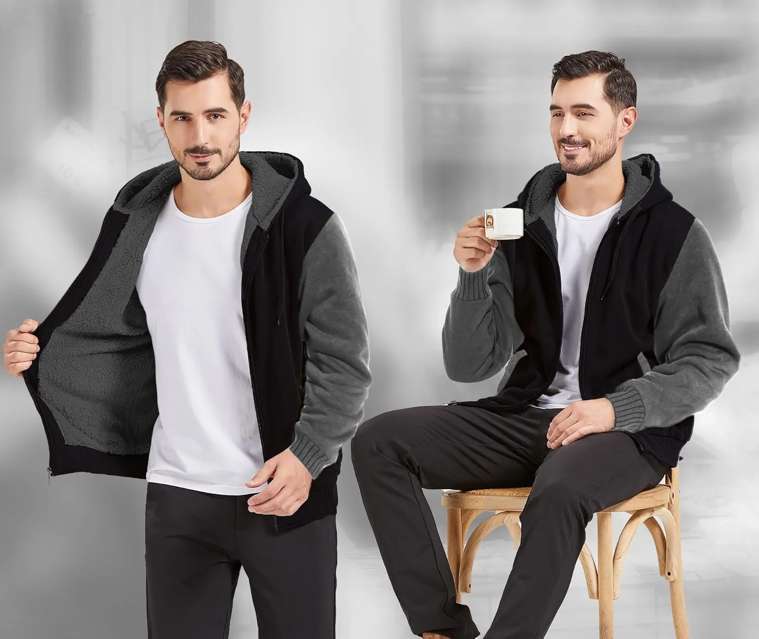 V VALANCH Men Hoodie Zip Up Winter Sherpa Lined Sweatshirt Heavyweight Thick Warm Fleece Jacket