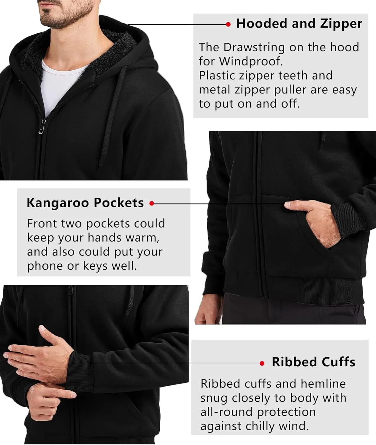 V VALANCH Men Hoodie Zip Up Winter Sherpa Lined Sweatshirt Heavyweight Thick Warm Fleece Jacket