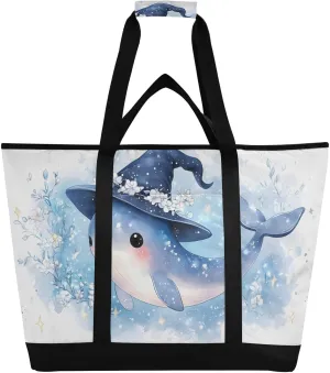 Whale Witch Hat Large Insulated Reusable Tote Bag for Grocery Shopping for Women Men, Cooler Bag with Zippered Top & Handles for Travel Beach Picnic