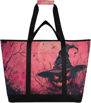 Witchs Hat Scary Pumpkin Large Insulated Reusable Tote Bag for Grocery Shopping for Women Men, Cooler Bag with Zippered Top & Handles for Travel Beach Picnic