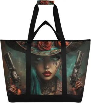 Woman Rose Hat Large Insulated Tote Bag for Grocery Shopping Reusable Tote Bags for Women Men, Cooler Bag with Zippered Top & Handles for Beach Picnic Travel