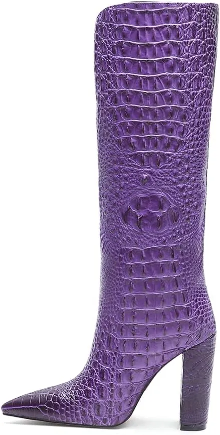 Women Pointed Toe Embossed Knee High Boots Block Heel Western Boot Thigh High Chunky Heel Shoes