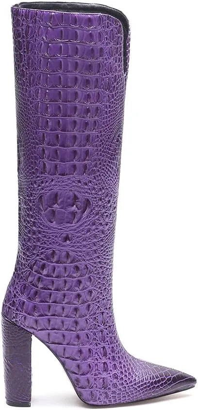 Women Pointed Toe Embossed Knee High Boots Block Heel Western Boot Thigh High Chunky Heel Shoes
