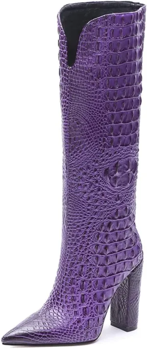 Women Pointed Toe Embossed Knee High Boots Block Heel Western Boot Thigh High Chunky Heel Shoes
