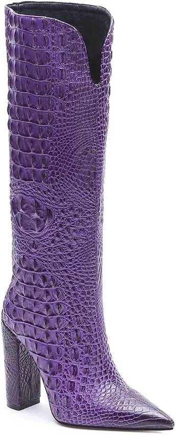 Women Pointed Toe Embossed Knee High Boots Block Heel Western Boot Thigh High Chunky Heel Shoes
