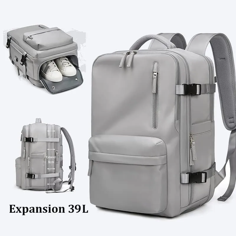 Women Travel Backpack,16 Inch Expanded 39L USB Charging Business Laptop Backpack with Shoe Bag,waterproof hiking outdoor Backpack (grey)