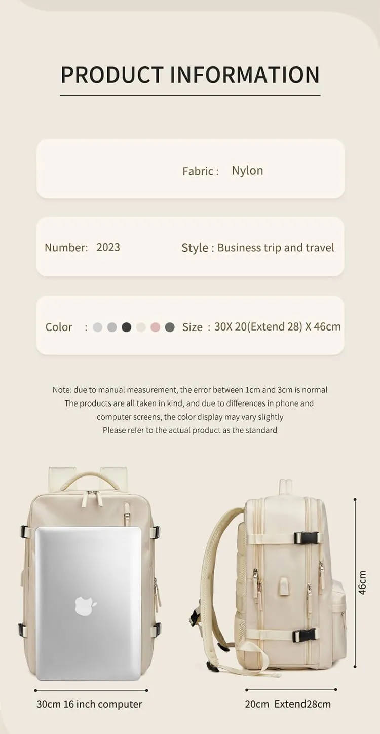Women Travel Backpack,16 Inch Expanded 39L USB Charging Business Laptop Backpack with Shoe Bag,waterproof hiking outdoor Backpack (Off white)