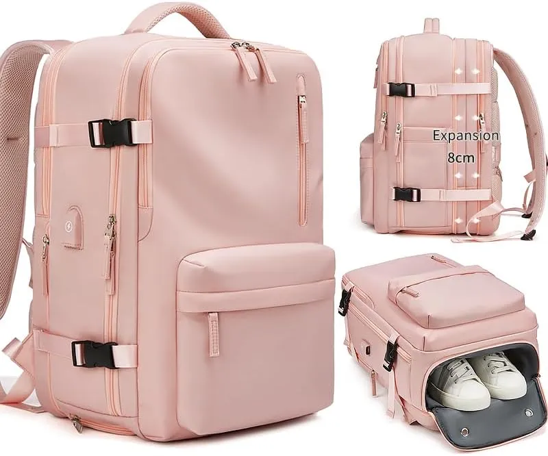 Women Travel Backpack,16 Inch Expanded 39L USB Charging Business Laptop Backpack with Shoe Bag,waterproof hiking outdoor Backpack (pink)