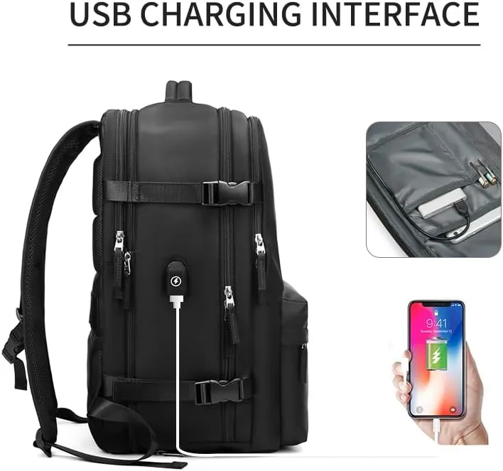 Women Travel Backpack,16 Inch Expanded 39L USB Charging Business Laptop Backpack with Shoe Bag,waterproof hiking outdoor Backpack(black)