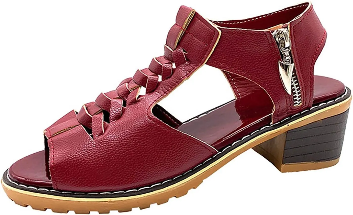 Women's Block Heels Sandals Peep Toe Lace Up Sandal with Zipper Chunky Heel Slingback Hollow Out Comfortable Cushion Footbed Recovery Orthopedic Casual Shoes for Daily Wear