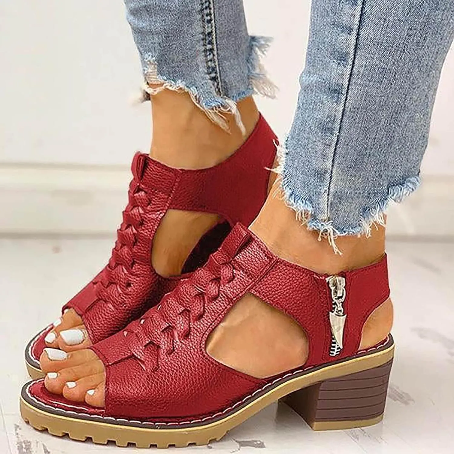 Women's Block Heels Sandals Peep Toe Lace Up Sandal with Zipper Chunky Heel Slingback Hollow Out Comfortable Cushion Footbed Recovery Orthopedic Casual Shoes for Daily Wear