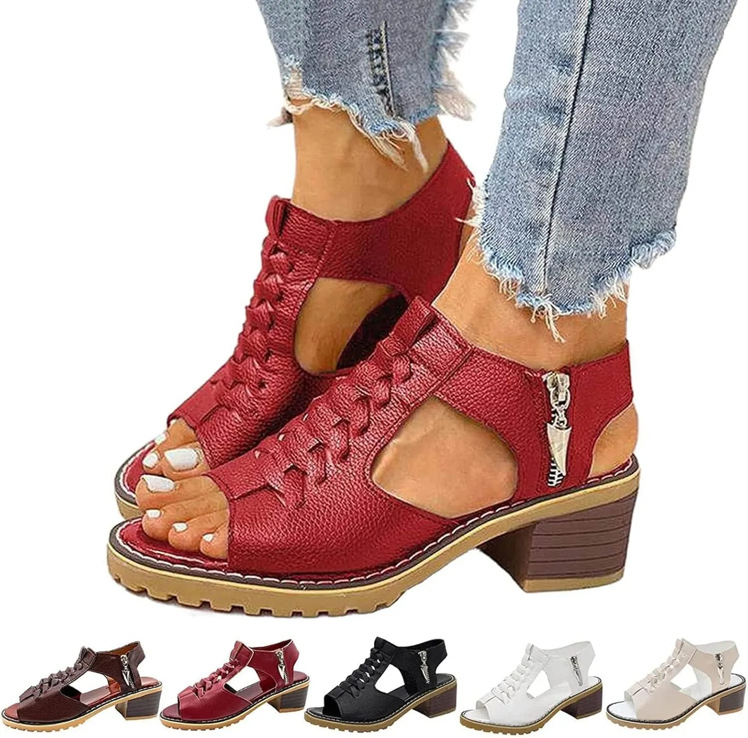Women's Block Heels Sandals Peep Toe Lace Up Sandal with Zipper Chunky Heel Slingback Hollow Out Comfortable Cushion Footbed Recovery Orthopedic Casual Shoes for Daily Wear