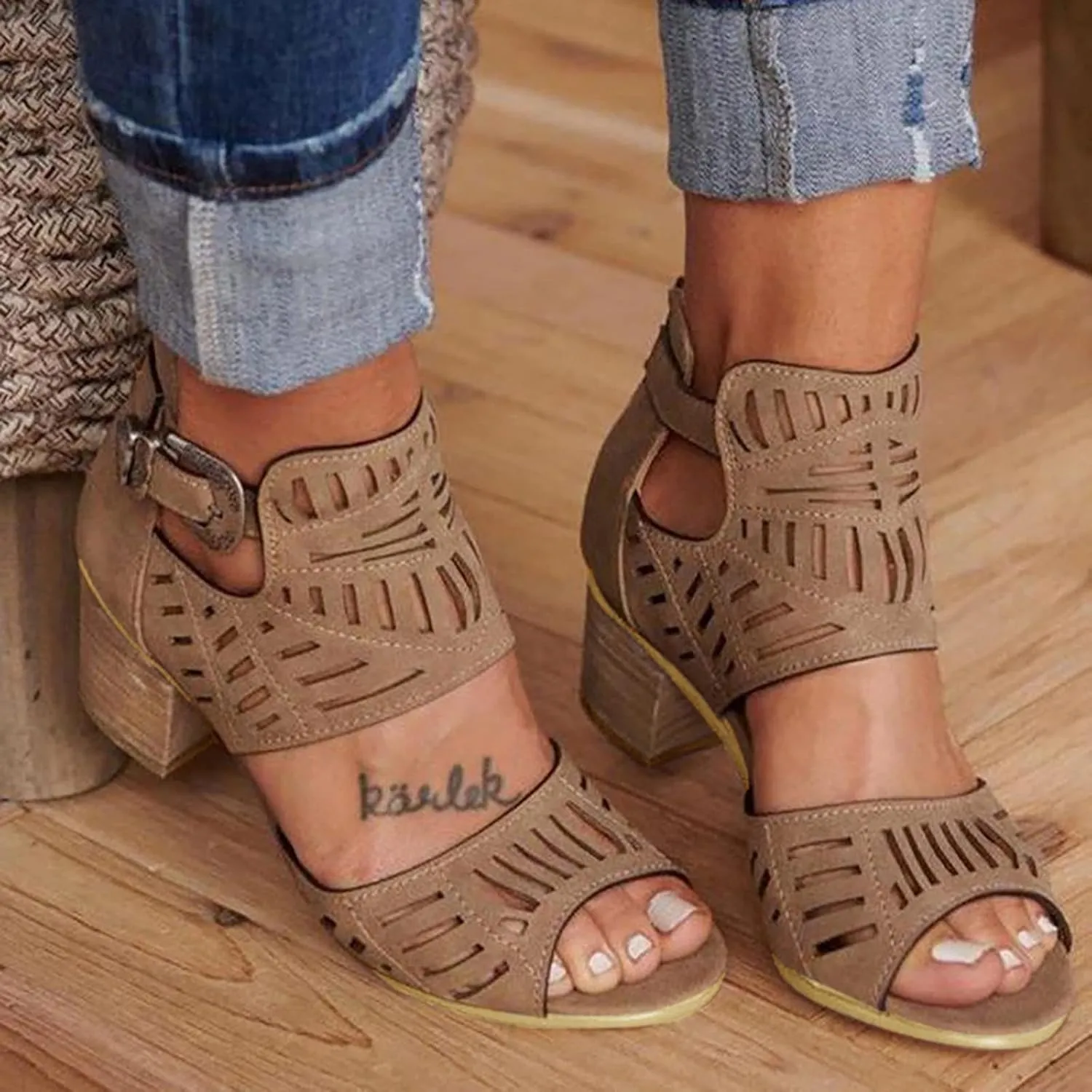 Women's Chunky Heeled Sandals,Peep Toe Adjustable Strap Zipper Hollow Out Block Sandal Ladies Comfortable Cushion Footbed Orthopedic Arch Support Shoes for Daily Wear Outdoor Indoor