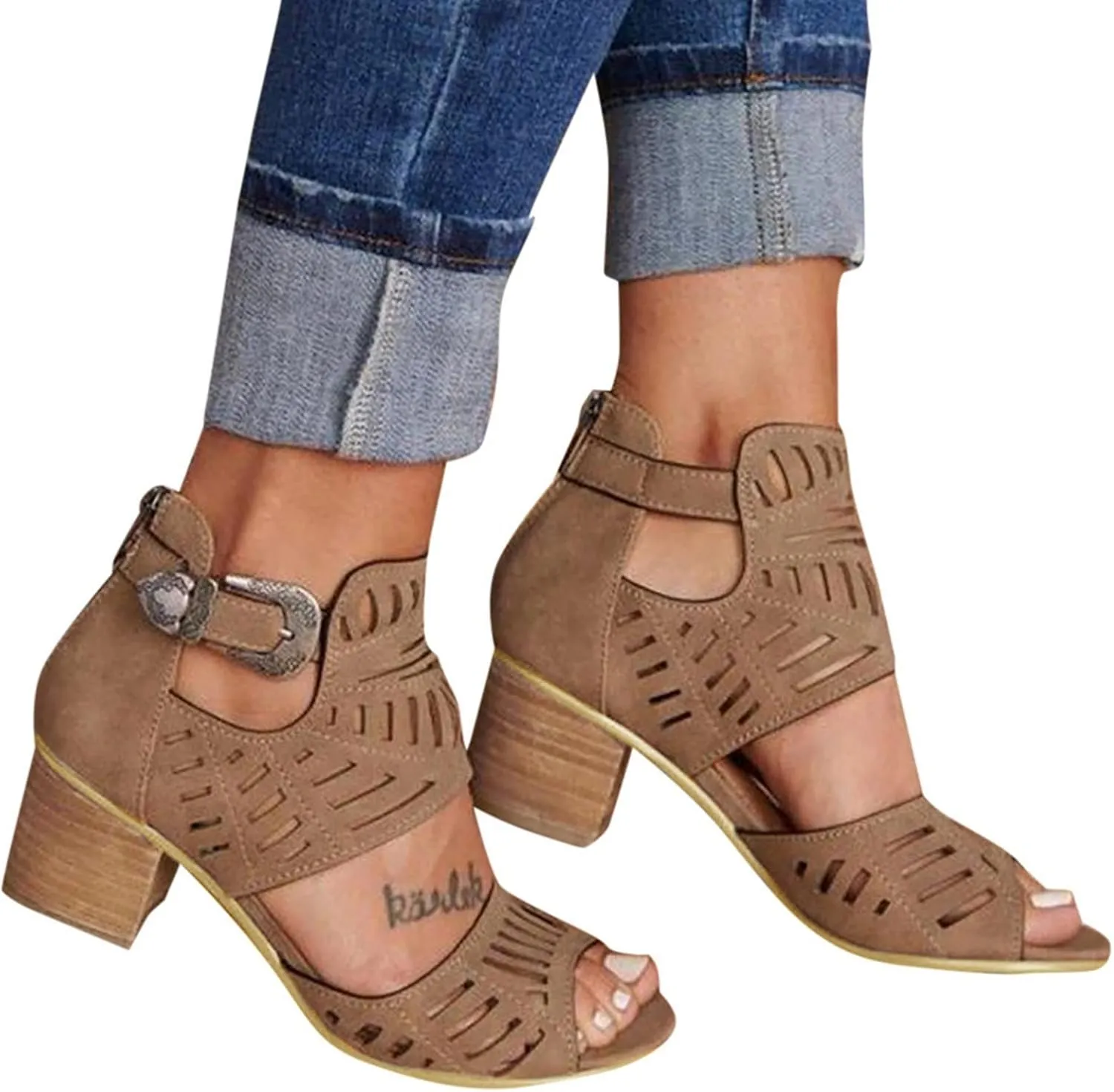 Women's Chunky Heeled Sandals,Peep Toe Adjustable Strap Zipper Hollow Out Block Sandal Ladies Comfortable Cushion Footbed Orthopedic Arch Support Shoes for Daily Wear Outdoor Indoor