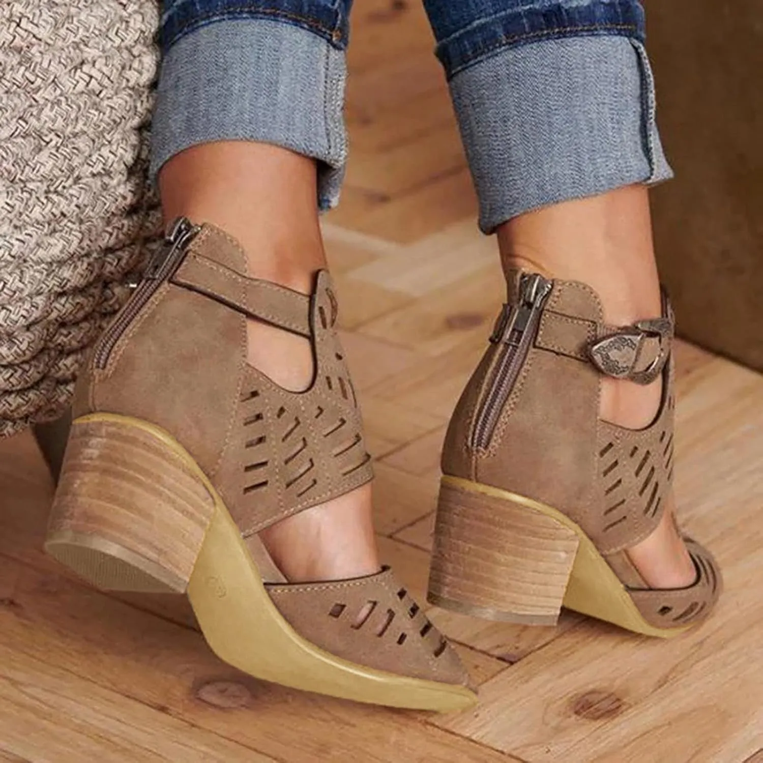 Women's Chunky Heeled Sandals,Peep Toe Adjustable Strap Zipper Hollow Out Block Sandal Ladies Comfortable Cushion Footbed Orthopedic Arch Support Shoes for Daily Wear Outdoor Indoor