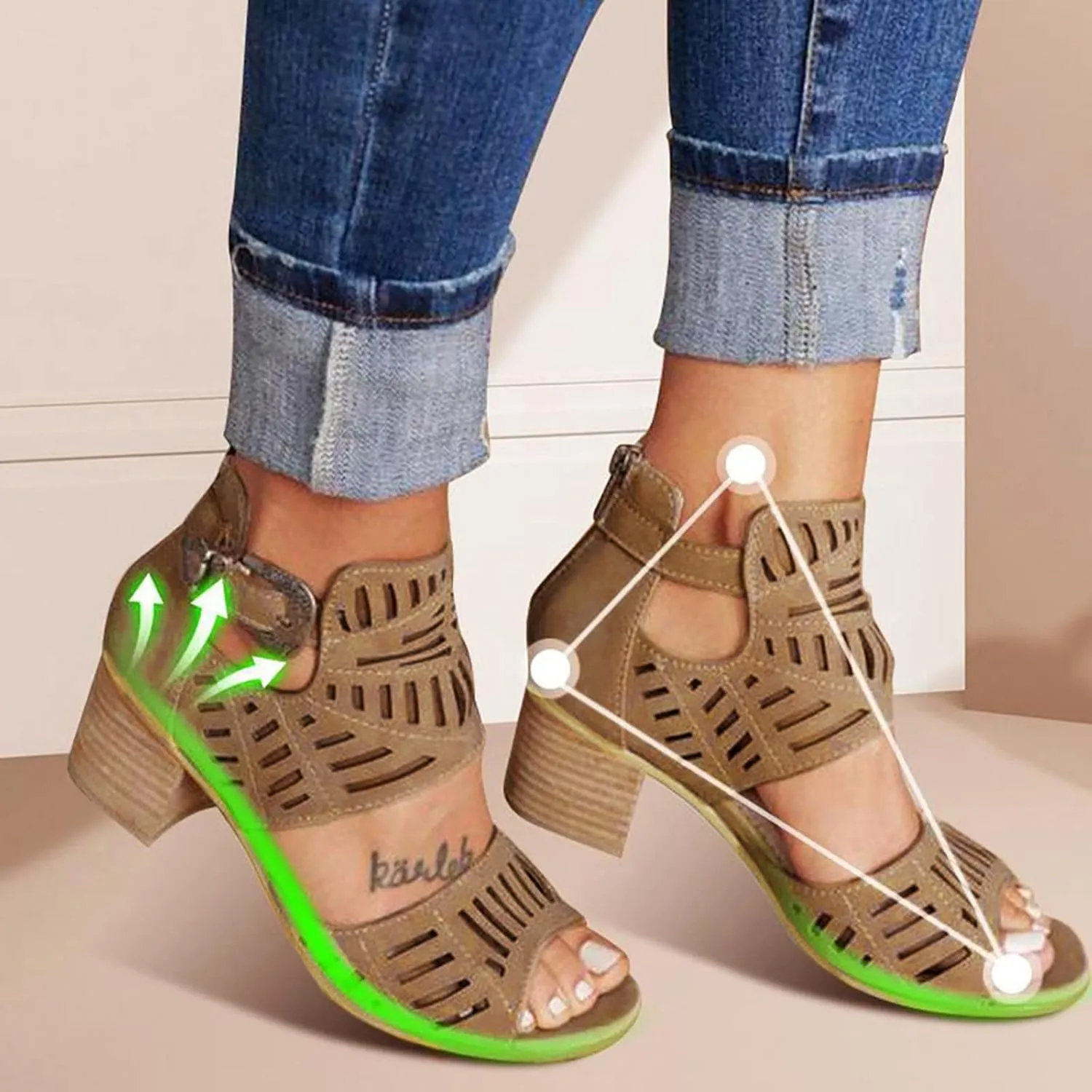 Women's Chunky Heeled Sandals,Peep Toe Adjustable Strap Zipper Hollow Out Block Sandal Ladies Comfortable Cushion Footbed Orthopedic Arch Support Shoes for Daily Wear Outdoor Indoor