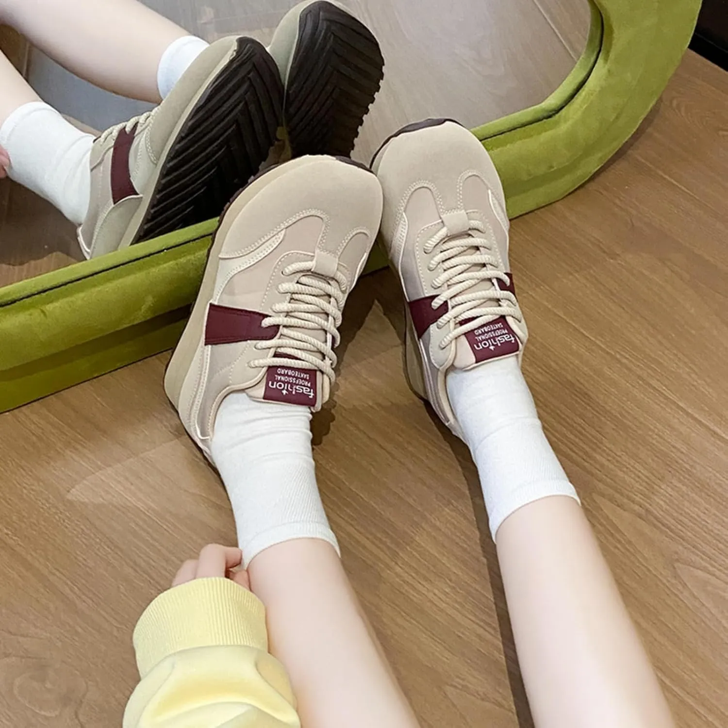 Womens Fashion Leather Lace Up Platform Sneakers Casual Non-Slip Round Toe Shock Absorbing Walking Workout Driving Shoes