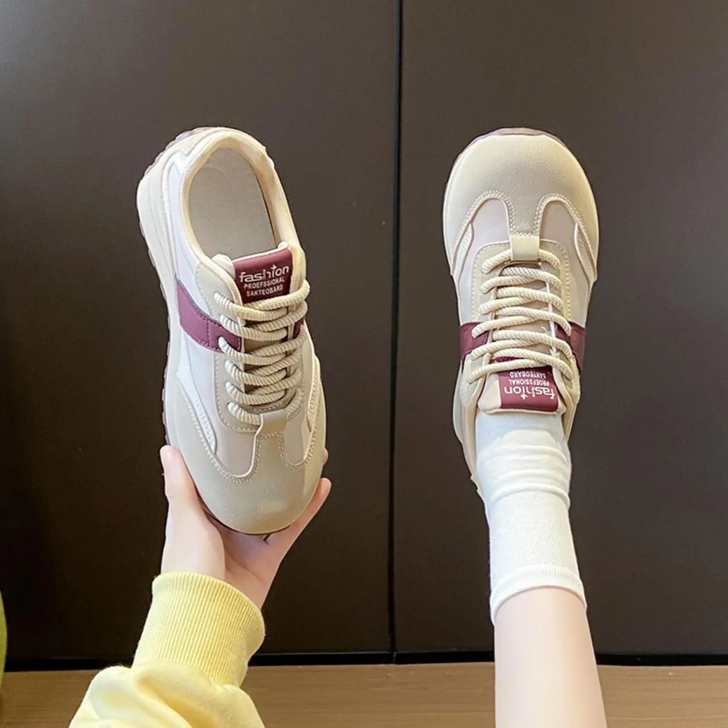 Womens Fashion Leather Lace Up Platform Sneakers Casual Non-Slip Round Toe Shock Absorbing Walking Workout Driving Shoes