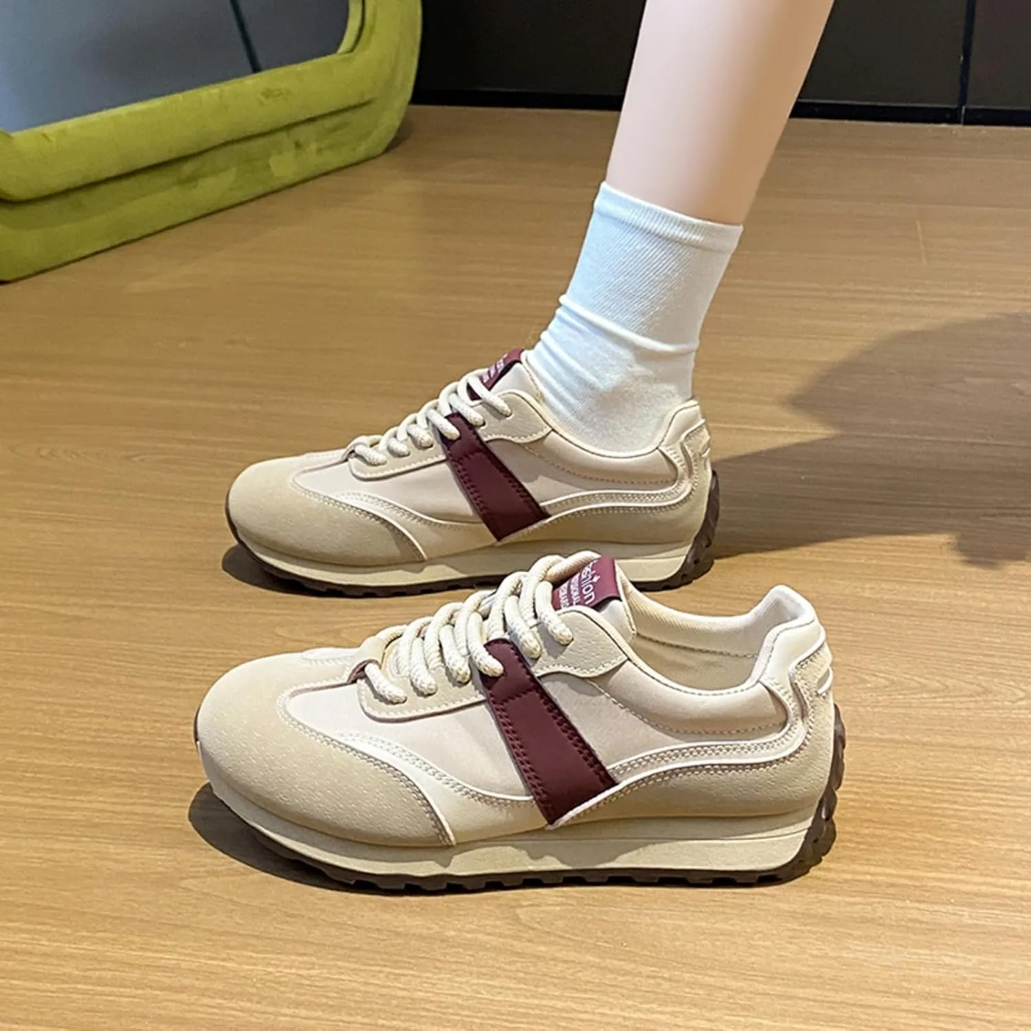 Womens Fashion Leather Lace Up Platform Sneakers Casual Non-Slip Round Toe Shock Absorbing Walking Workout Driving Shoes