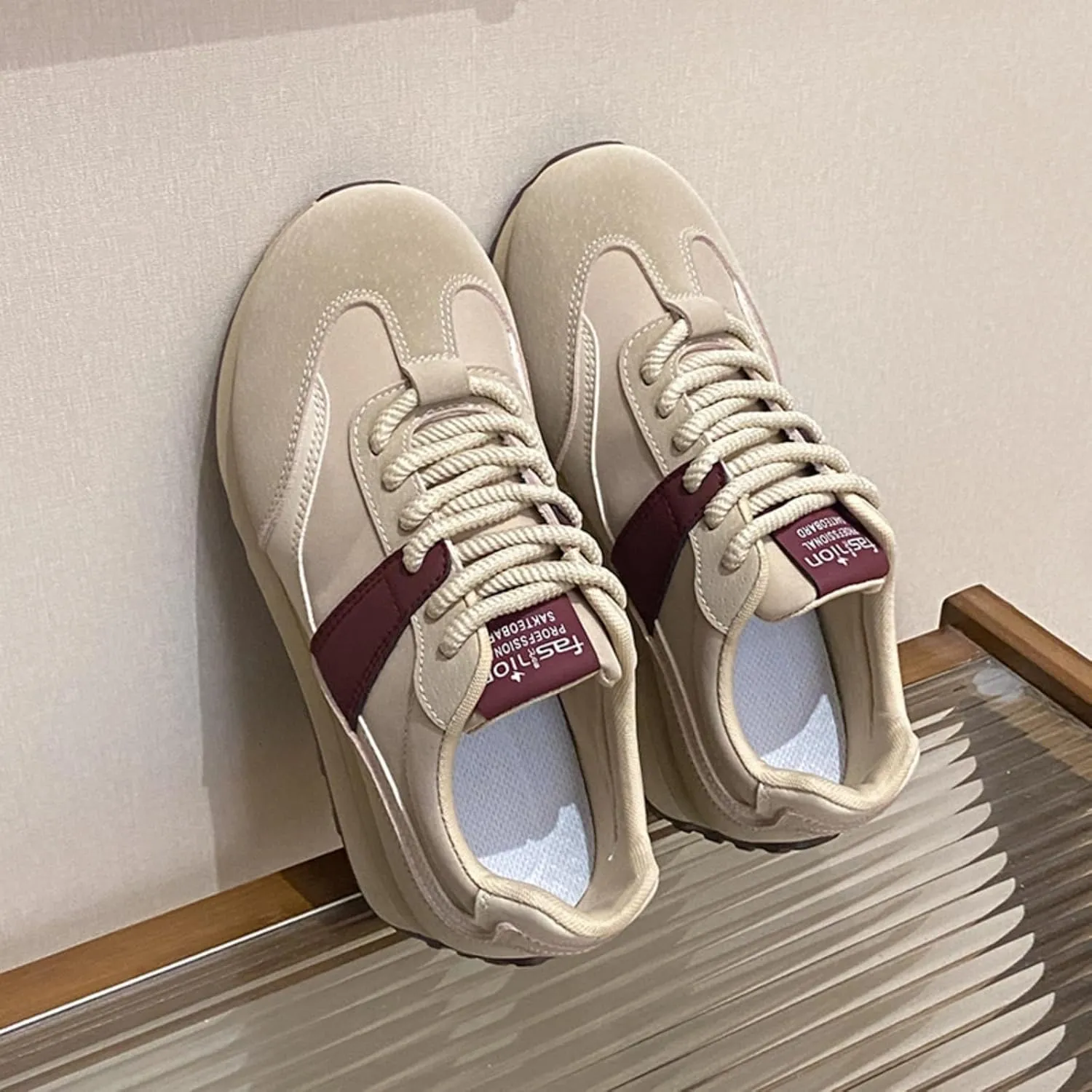 Womens Fashion Leather Lace Up Platform Sneakers Casual Non-Slip Round Toe Shock Absorbing Walking Workout Driving Shoes