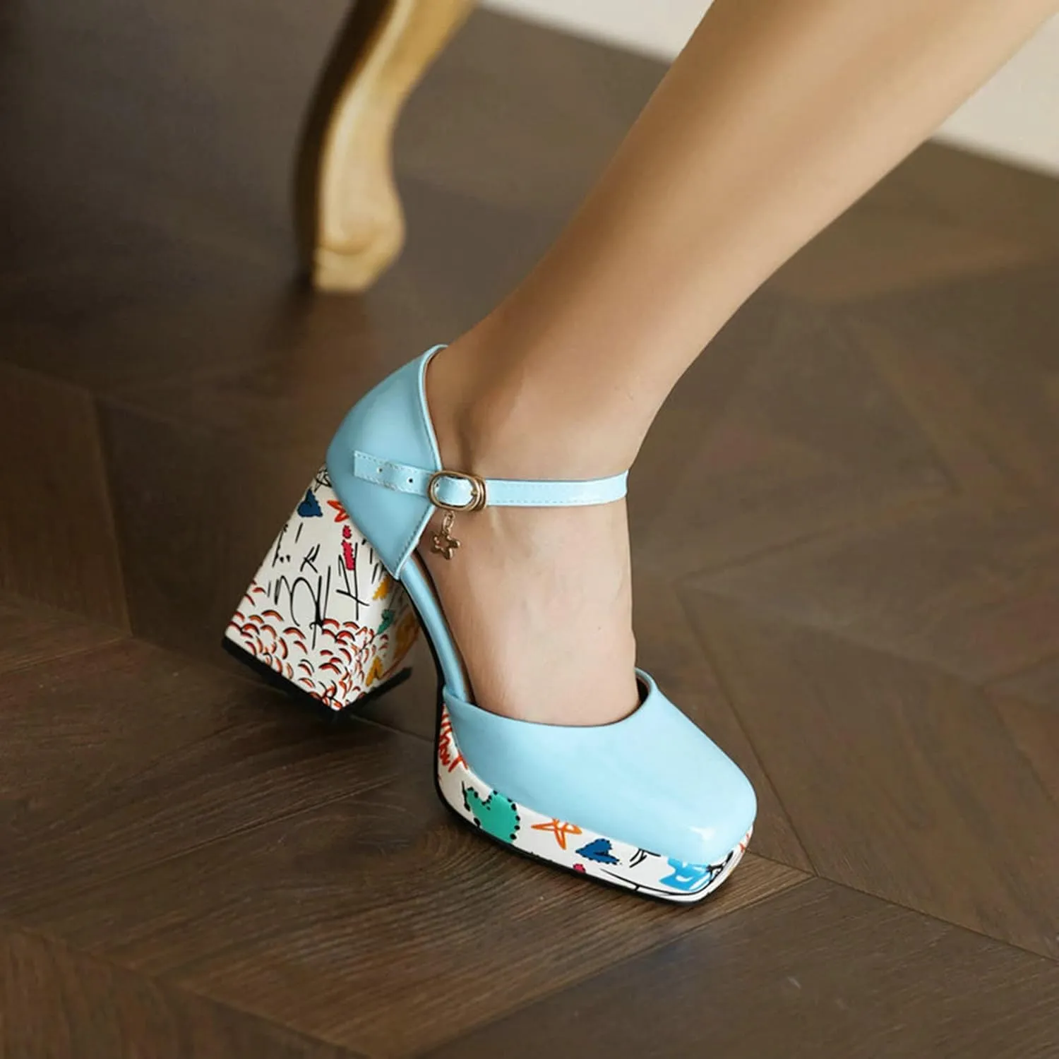 Women's Mary Jane Sandals Pumps Platform Printed Block High Heel Square Toe Ankle Strap Dress Shoes