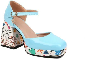 Women's Mary Jane Sandals Pumps Platform Printed Block High Heel Square Toe Ankle Strap Dress Shoes