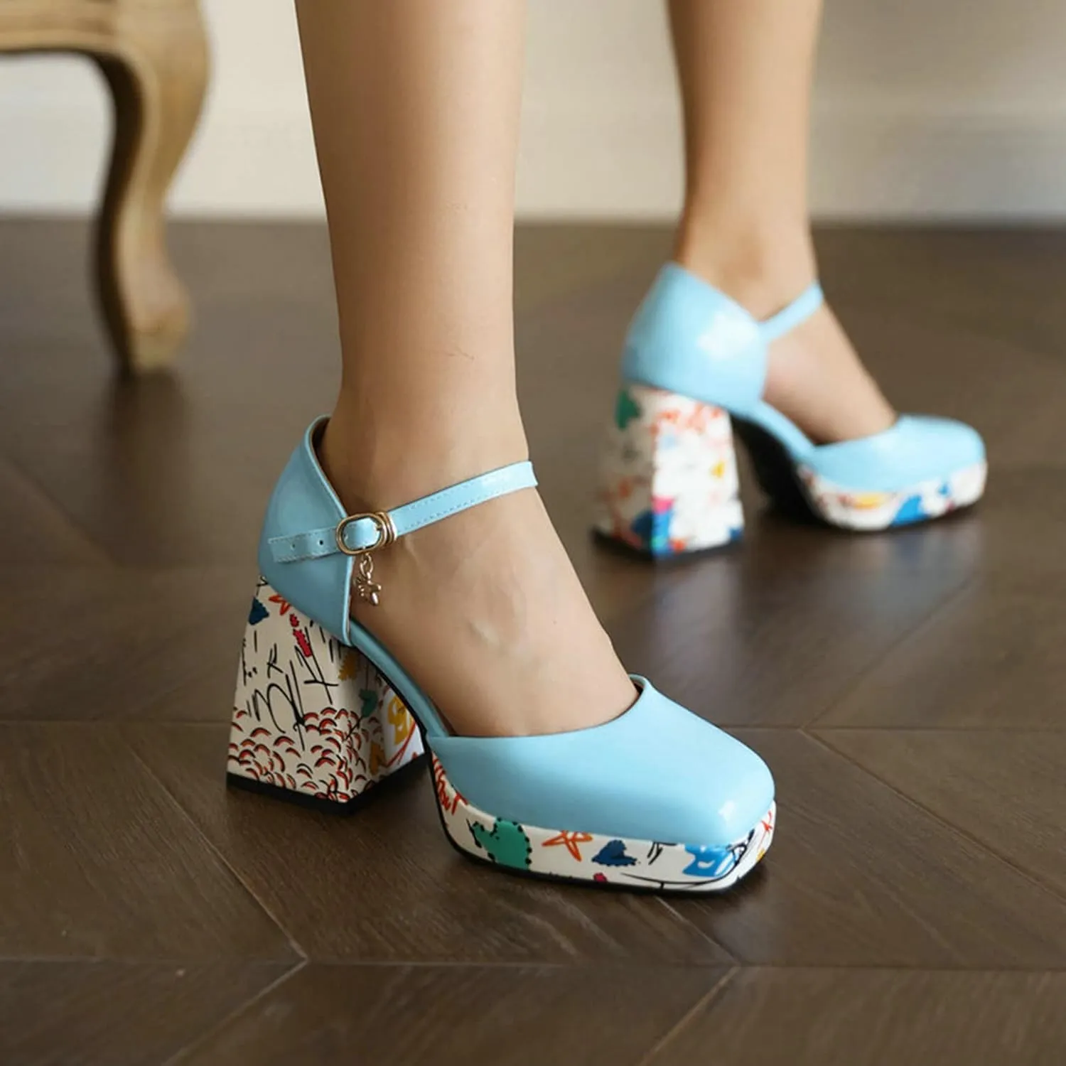 Women's Mary Jane Sandals Pumps Platform Printed Block High Heel Square Toe Ankle Strap Dress Shoes