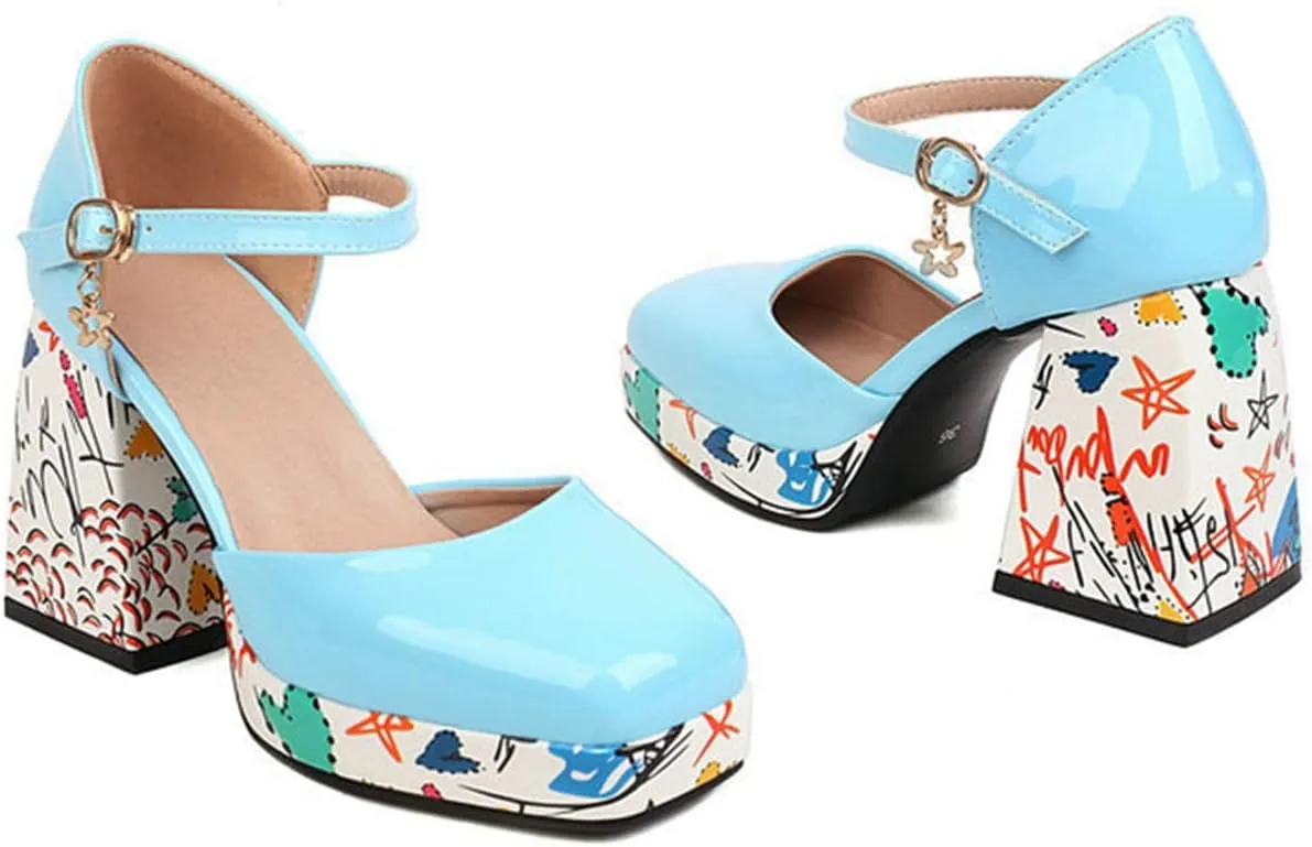 Women's Mary Jane Sandals Pumps Platform Printed Block High Heel Square Toe Ankle Strap Dress Shoes