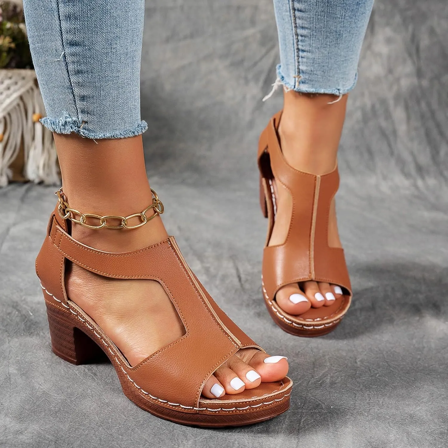Women's Open Toe Ankle Strap Sandals Low Block Chunky Heels Sandals Outdoor Casual Party Dress Shoes