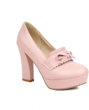 Women's Platform High Heel Pumps Round Toe Fashion Bow Chunky Block Heeled Slip on Dress Office Shoes