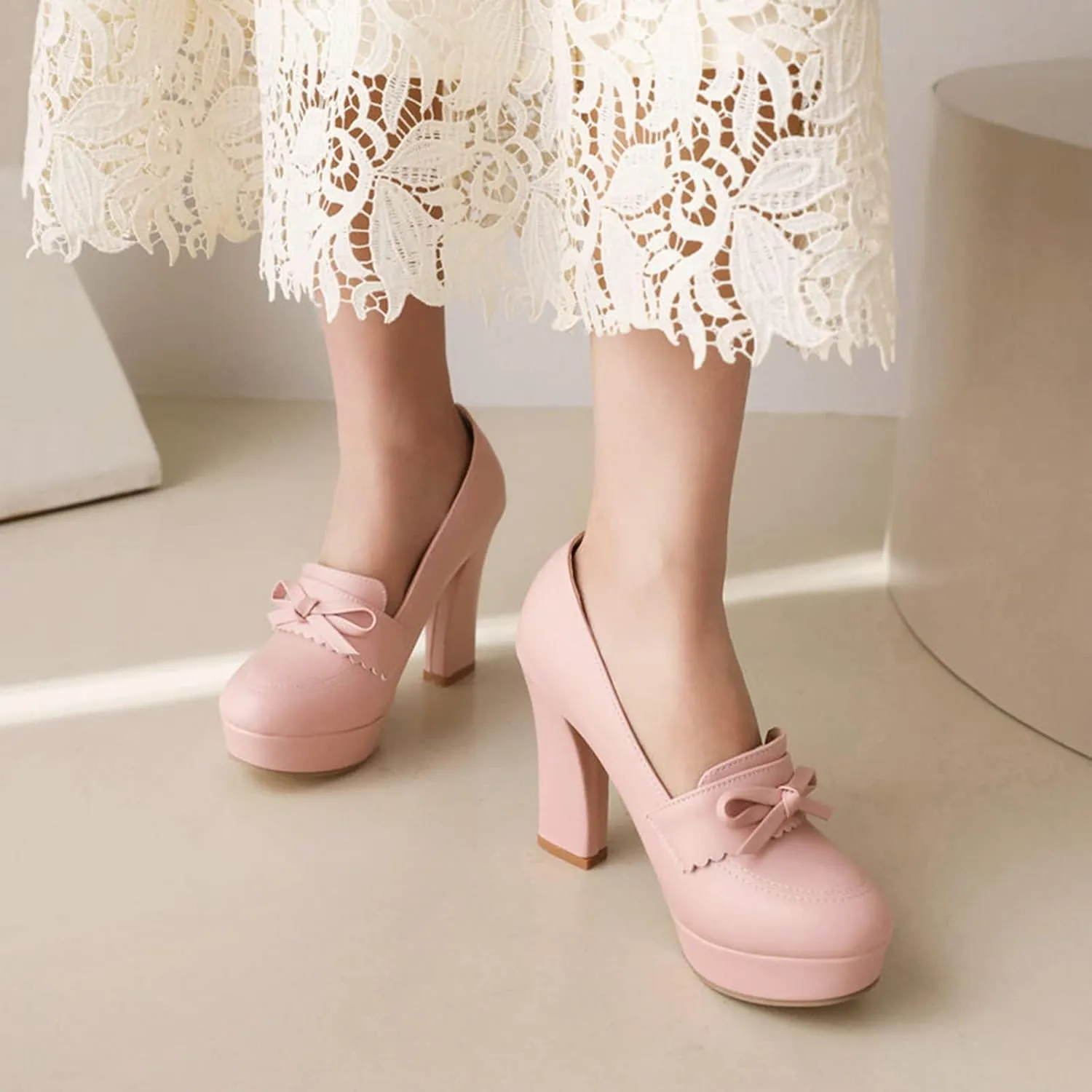 Women's Platform High Heel Pumps Round Toe Fashion Bow Chunky Block Heeled Slip on Dress Office Shoes