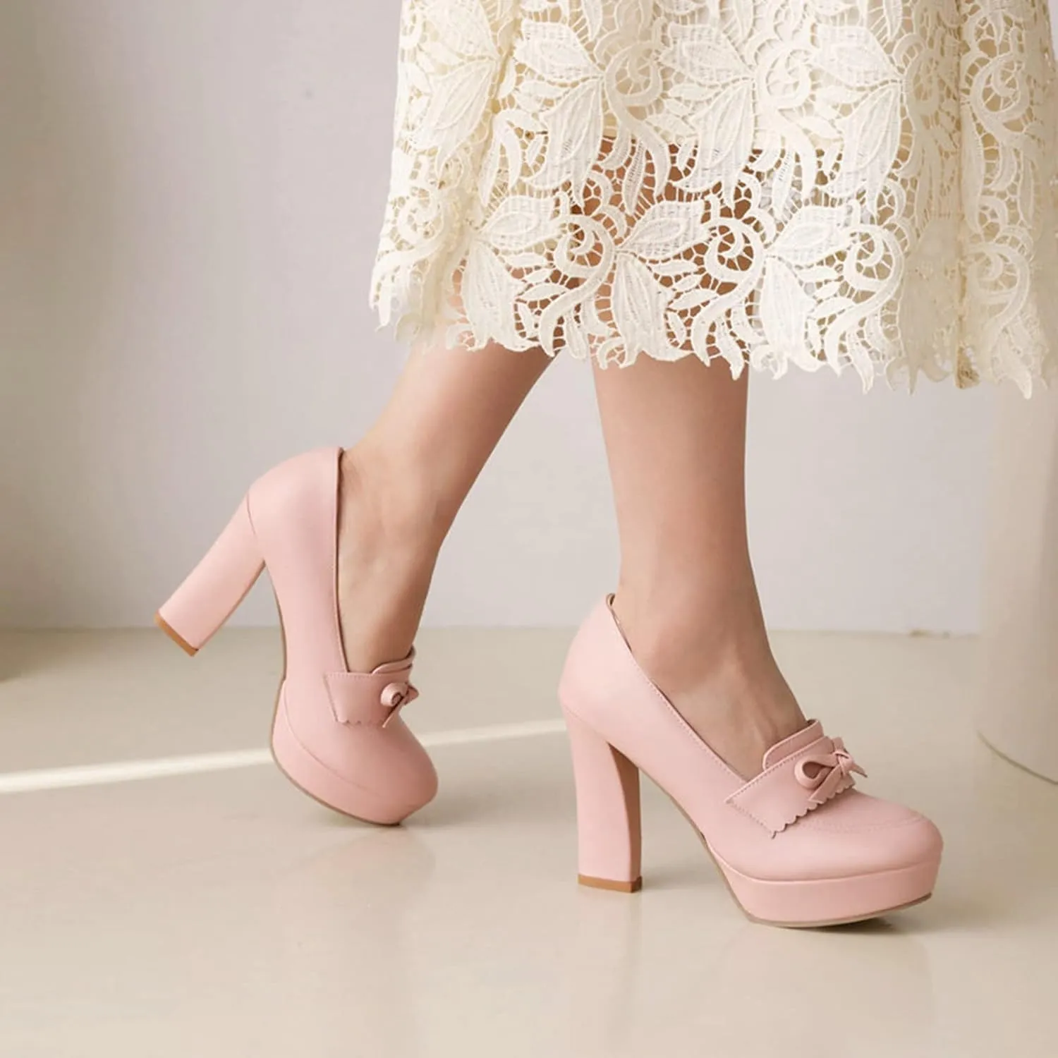 Women's Platform High Heel Pumps Round Toe Fashion Bow Chunky Block Heeled Slip on Dress Office Shoes