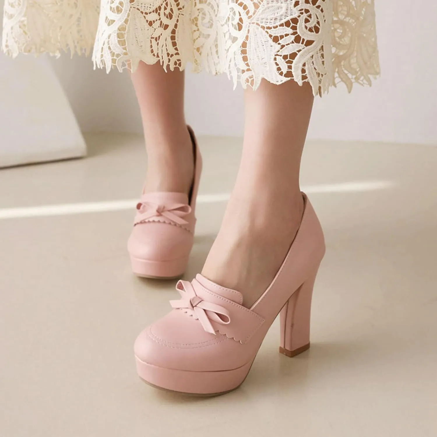 Women's Platform High Heel Pumps Round Toe Fashion Bow Chunky Block Heeled Slip on Dress Office Shoes