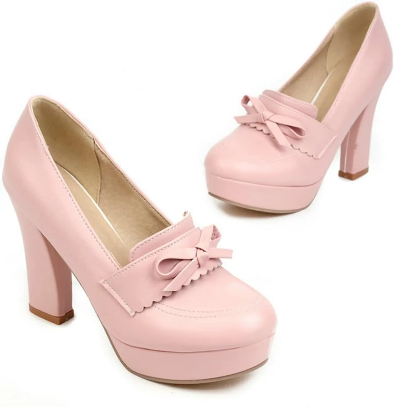 Women's Platform High Heel Pumps Round Toe Fashion Bow Chunky Block Heeled Slip on Dress Office Shoes