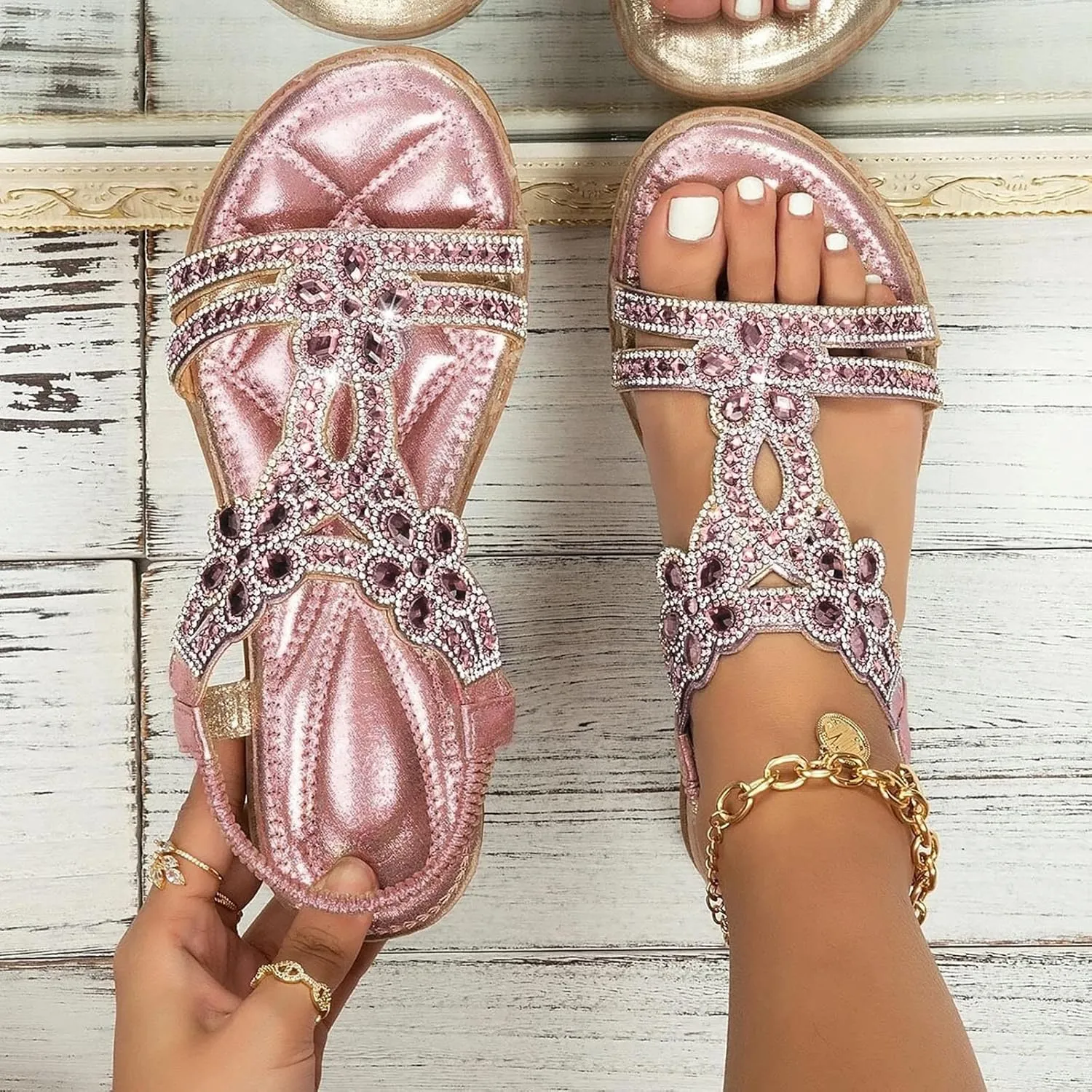 Women's Sandals Bohemia Rhinestone Flat Sandals Summer Beach Casual Sandal Dressy Sparkly Wedding Bride Shoes