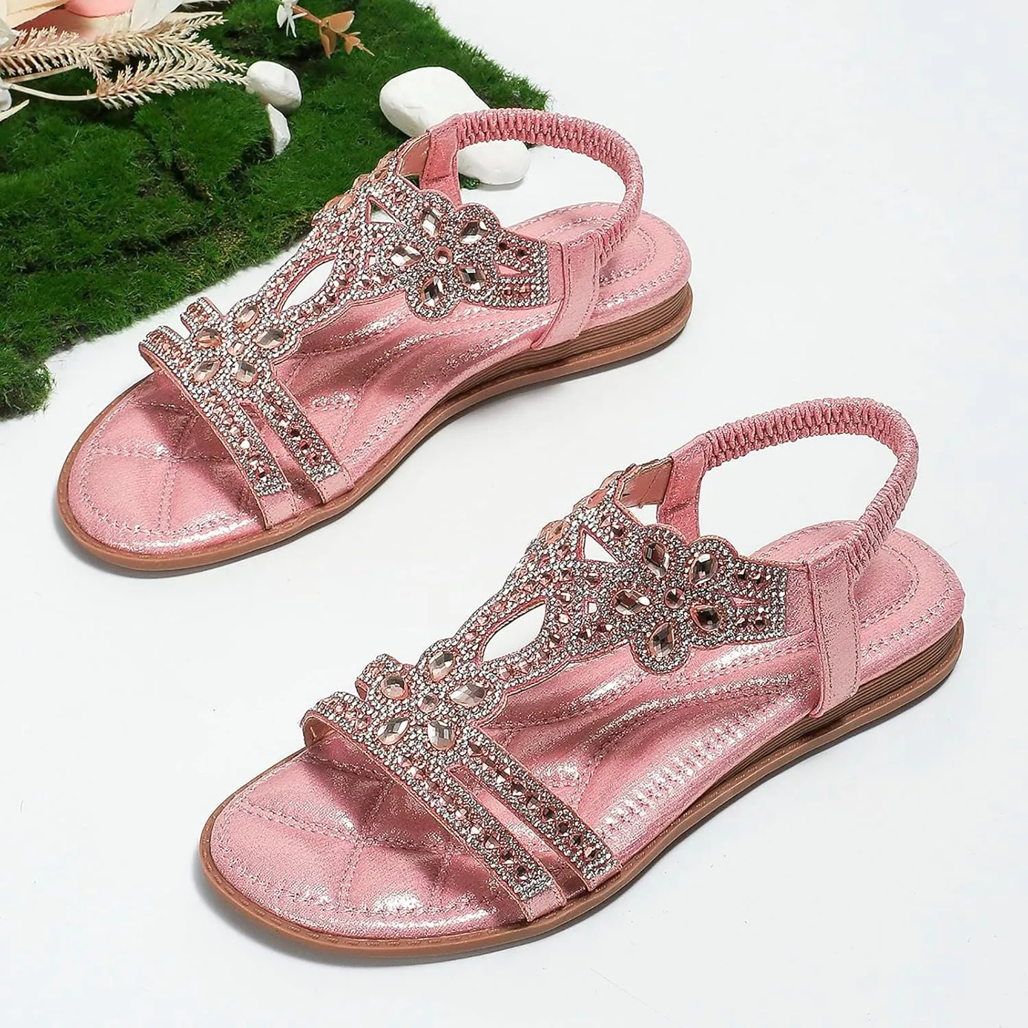 Women's Sandals Bohemia Rhinestone Flat Sandals Summer Beach Casual Sandal Dressy Sparkly Wedding Bride Shoes