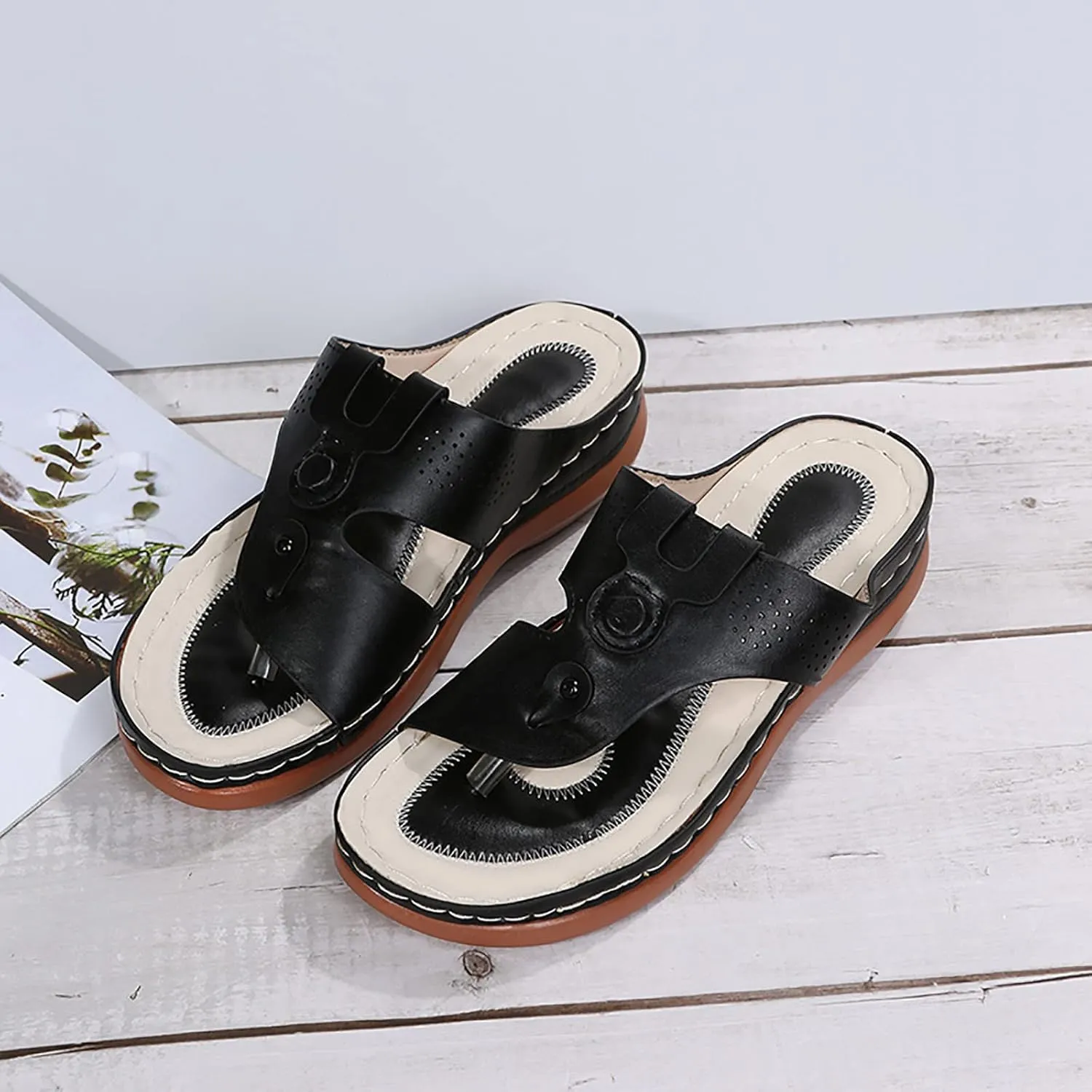 Womens Wedge Flip Flops Arch Support Casual Platform Thong Sandals Slip On Orthopedic Sandal with Cushion Footbed