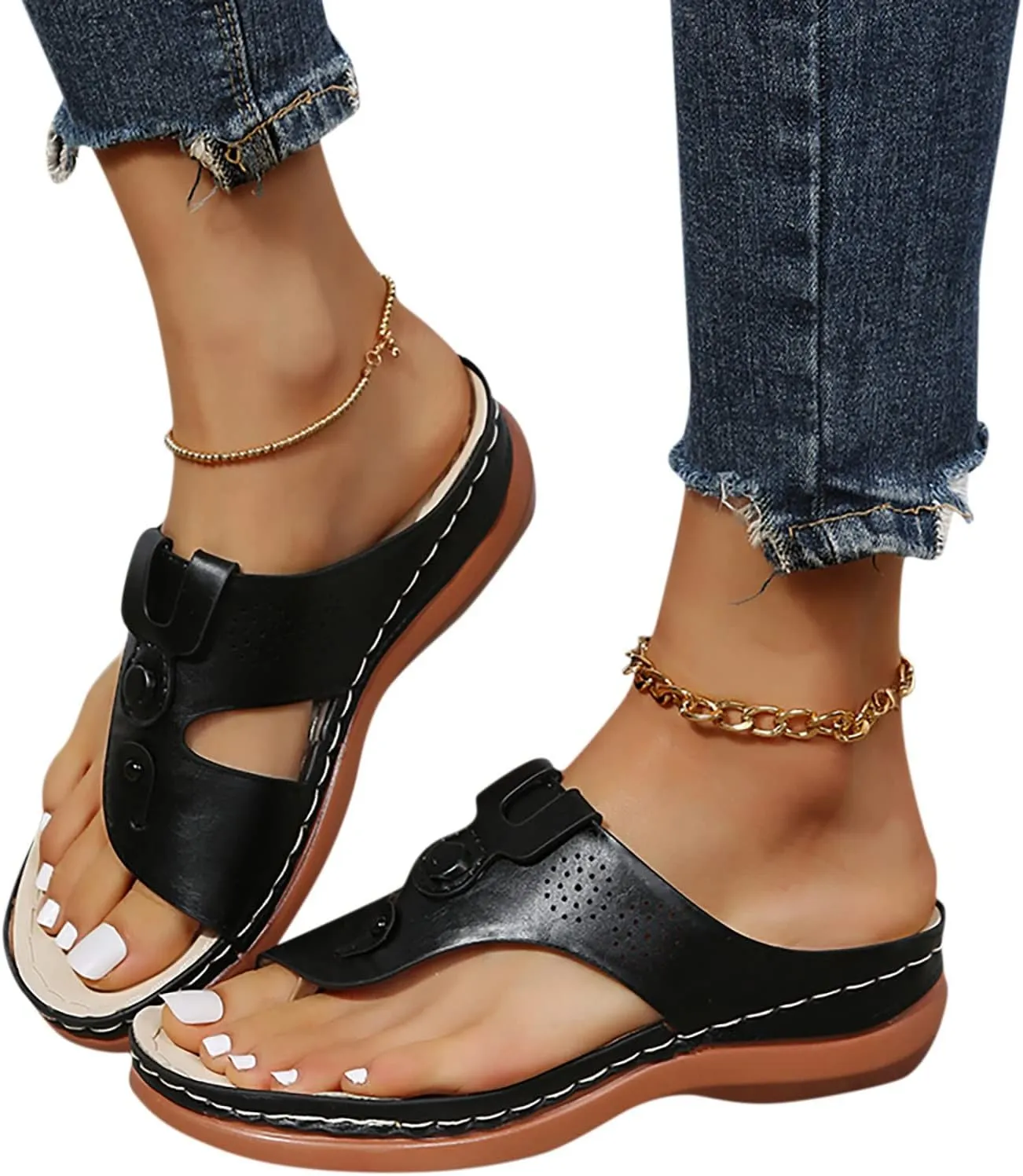 Womens Wedge Flip Flops Arch Support Casual Platform Thong Sandals Slip On Orthopedic Sandal with Cushion Footbed