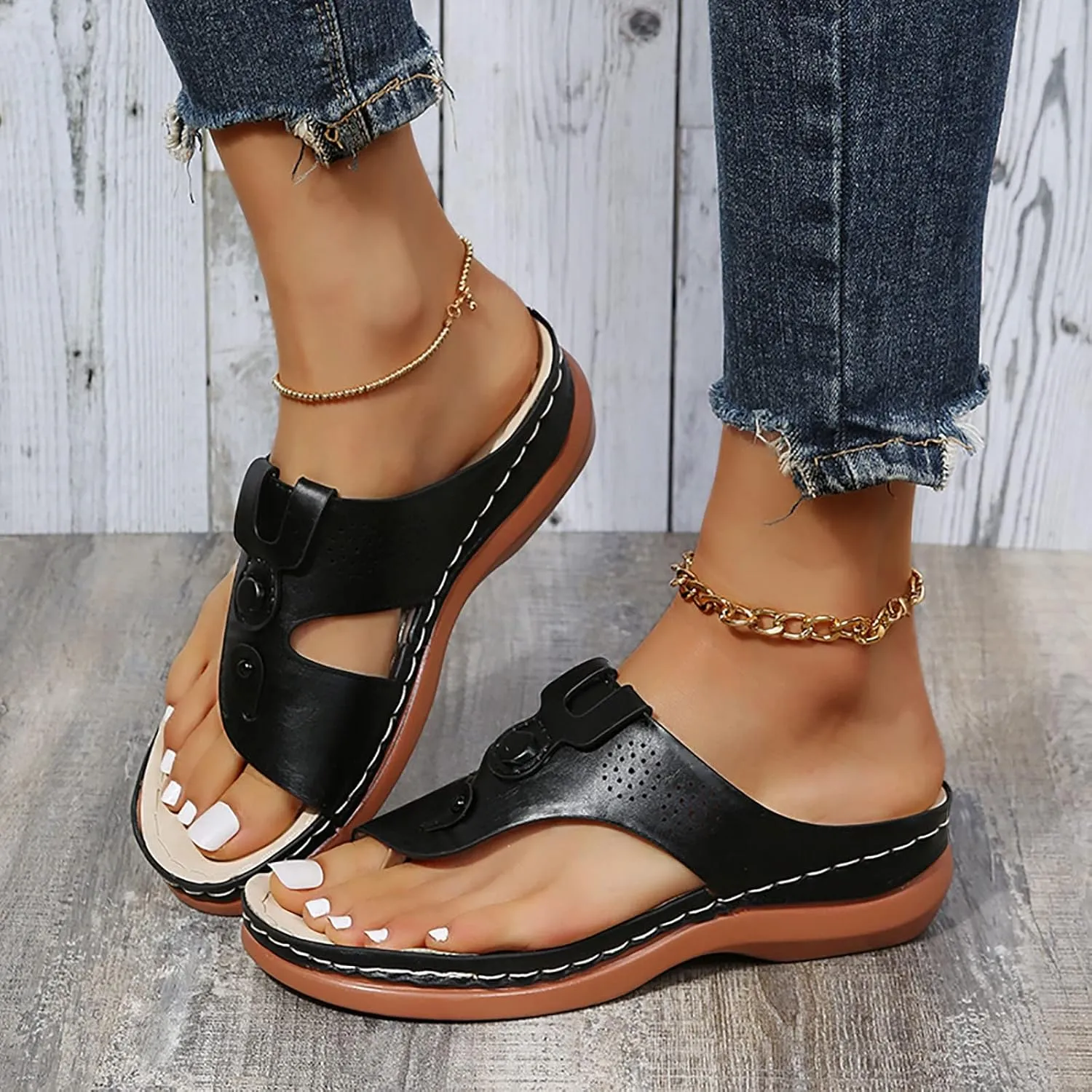Womens Wedge Flip Flops Arch Support Casual Platform Thong Sandals Slip On Orthopedic Sandal with Cushion Footbed