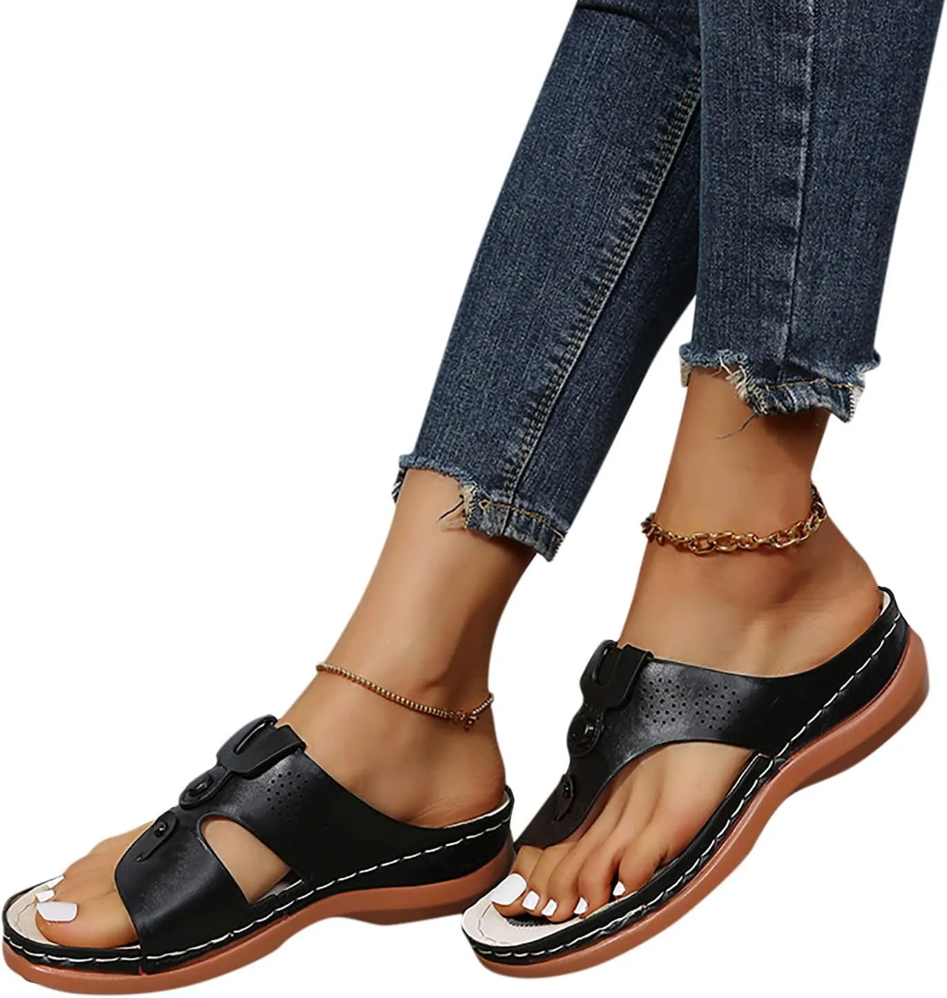 Womens Wedge Flip Flops Arch Support Casual Platform Thong Sandals Slip On Orthopedic Sandal with Cushion Footbed