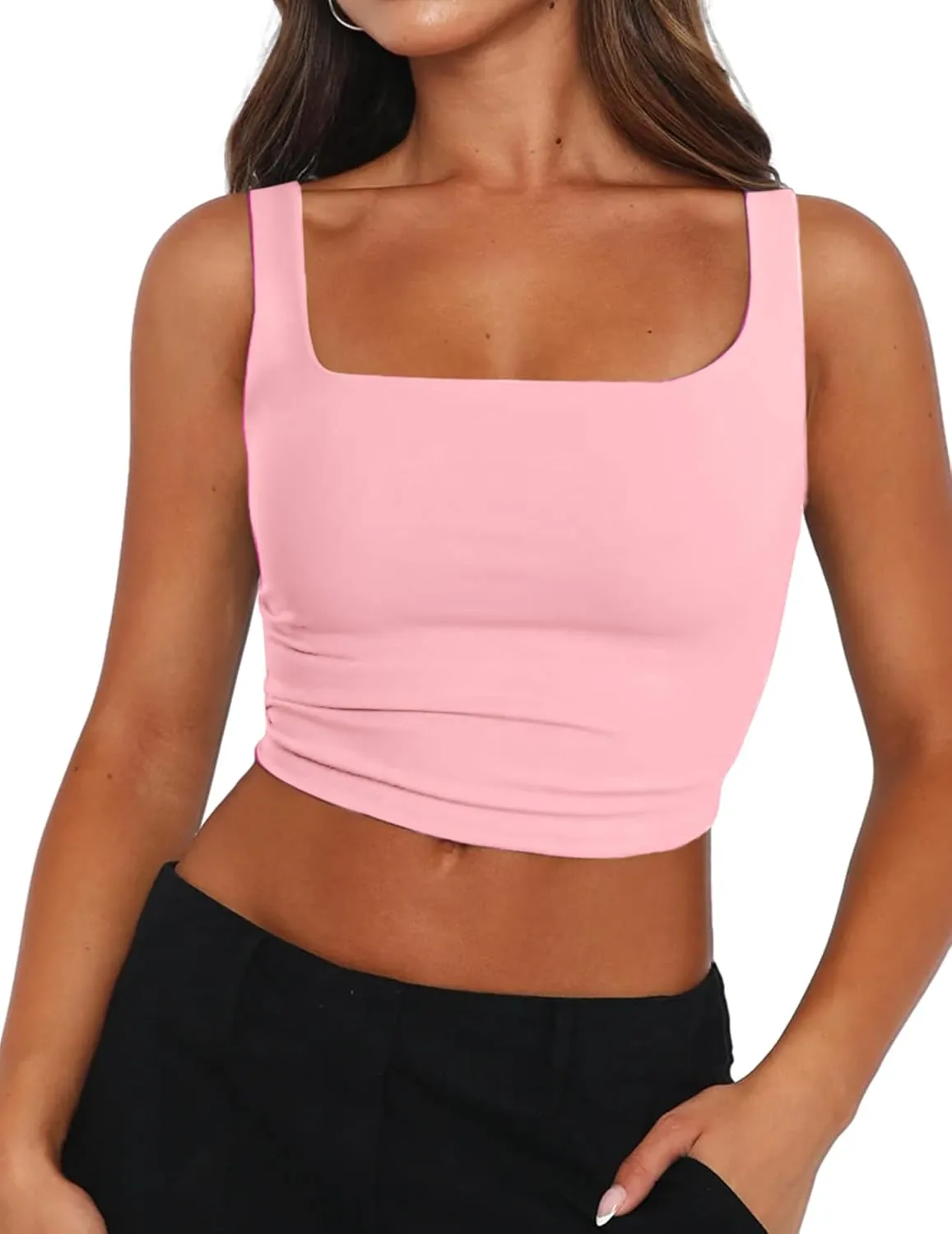 Zeagoo Women's Square Neck Sleeveless Crop Tops 2025 Cute Double Layer Seamless Slim Fit Y2k Tank Tops