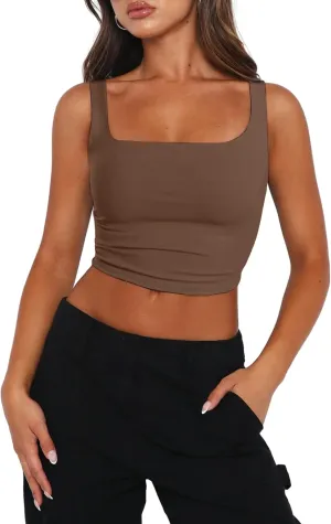 Zeagoo Women's Square Neck Sleeveless Crop Tops 2025 Cute Double Layer Seamless Slim Fit Y2k Tank Tops