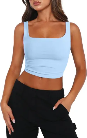 Zeagoo Women's Square Neck Sleeveless Crop Tops 2025 Cute Double Layer Seamless Slim Fit Y2k Tank Tops